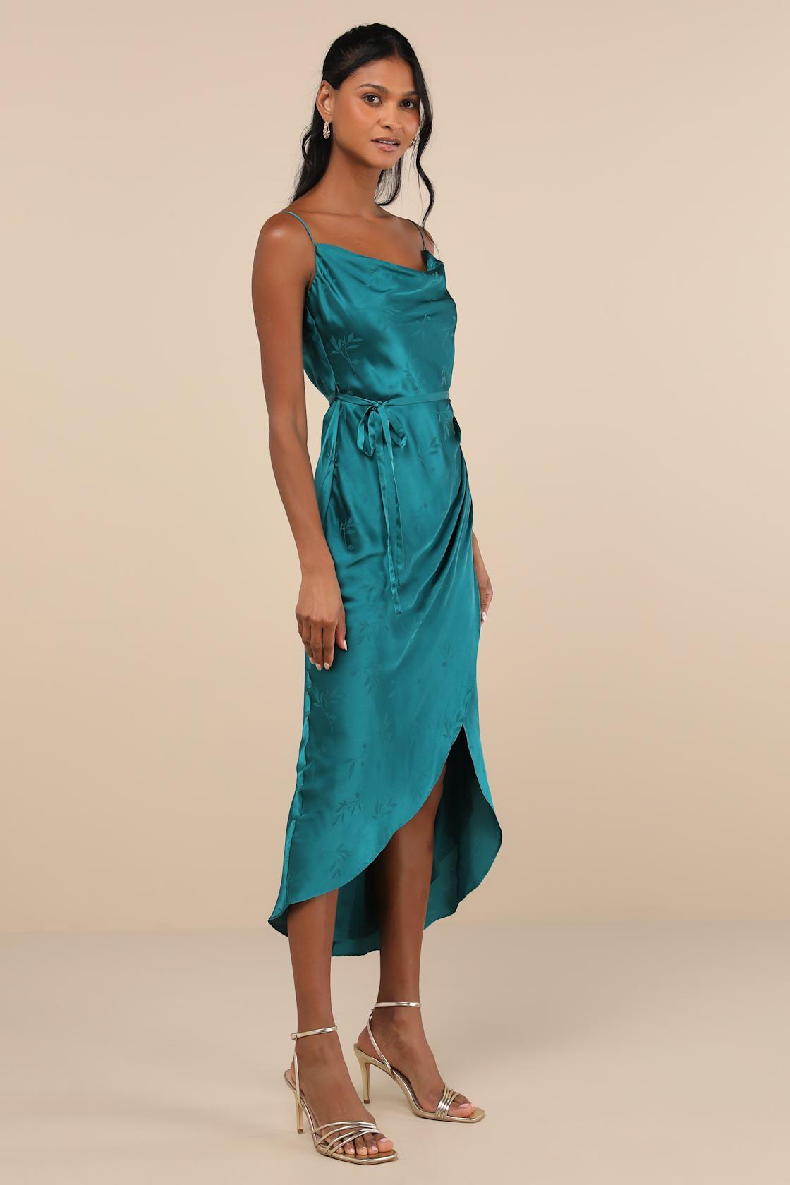 Sophisticated Sight Teal Green Satin Jacquard Cowl Midi Dress Product Image
