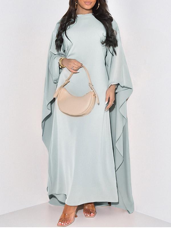 High-Low Long Sleeves Solid Color Round-Neck Maxi Dresses Product Image