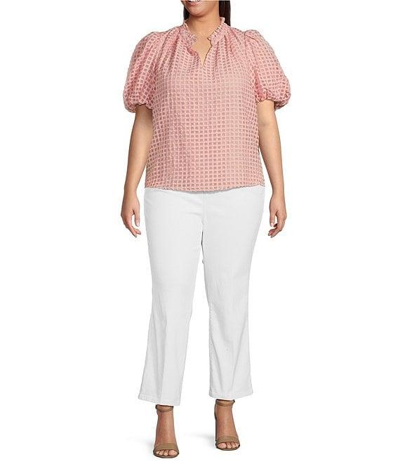 Sugarlips Plus Size Gingham Organza Split V-Neck Short Puff Sleeves Blouse Product Image