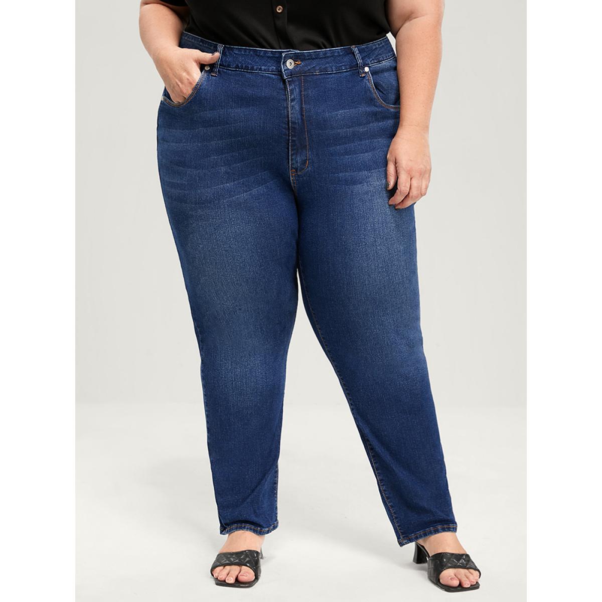 Plus Size Straight Very Stretchy High Rise Dark Wash Jeans Women DarkBlue Casual Plain Plain High stretch Pocket Jeans BloomChic 12/L Product Image