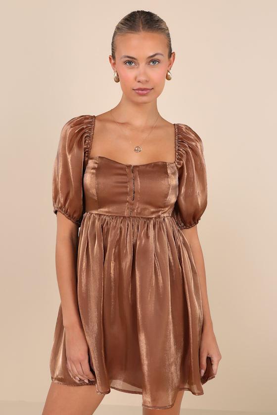 Desired Delight Brown Puff Sleeve Babydoll Mini Dress Product Image