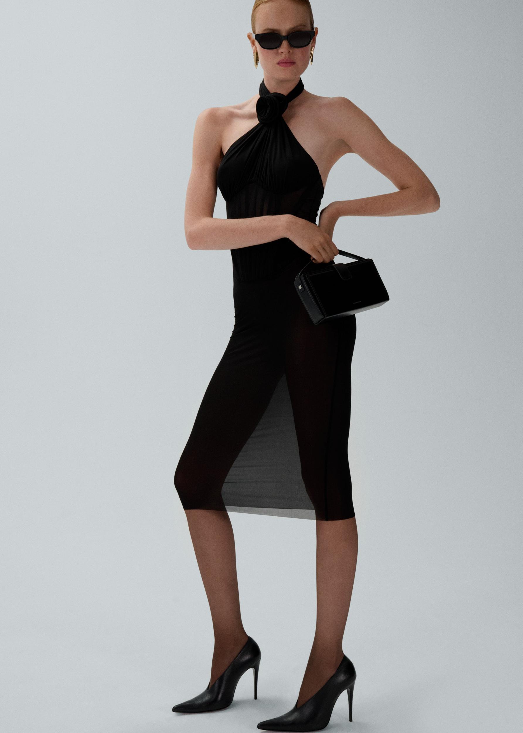 Sheer halter bustier midi dress in black Product Image