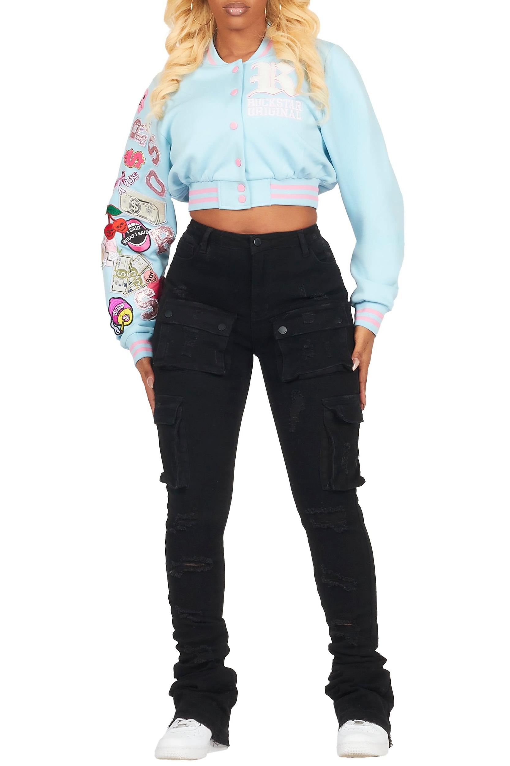 Jakaira Blue Crop Varsity Jacket Female Product Image