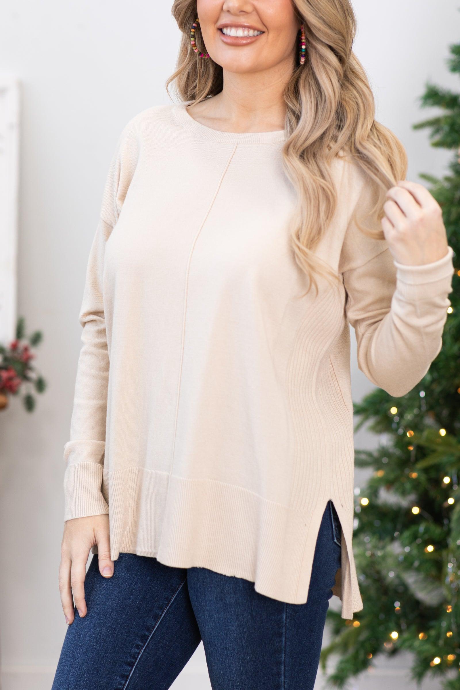 Beige Center Seam Sweater With Side Slits Product Image