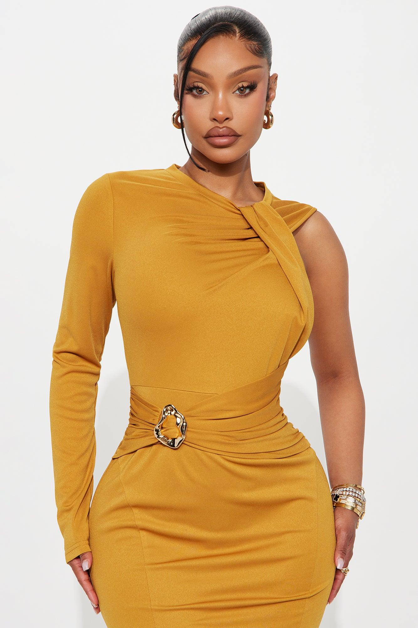 Can't Be Tamed Asymmetrical Maxi Dress - Mustard Female Product Image