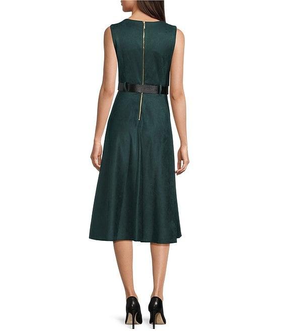 Calvin Klein Scuba Suede Crew Neck Sleeveless A-Line Belted Midi Dress Product Image