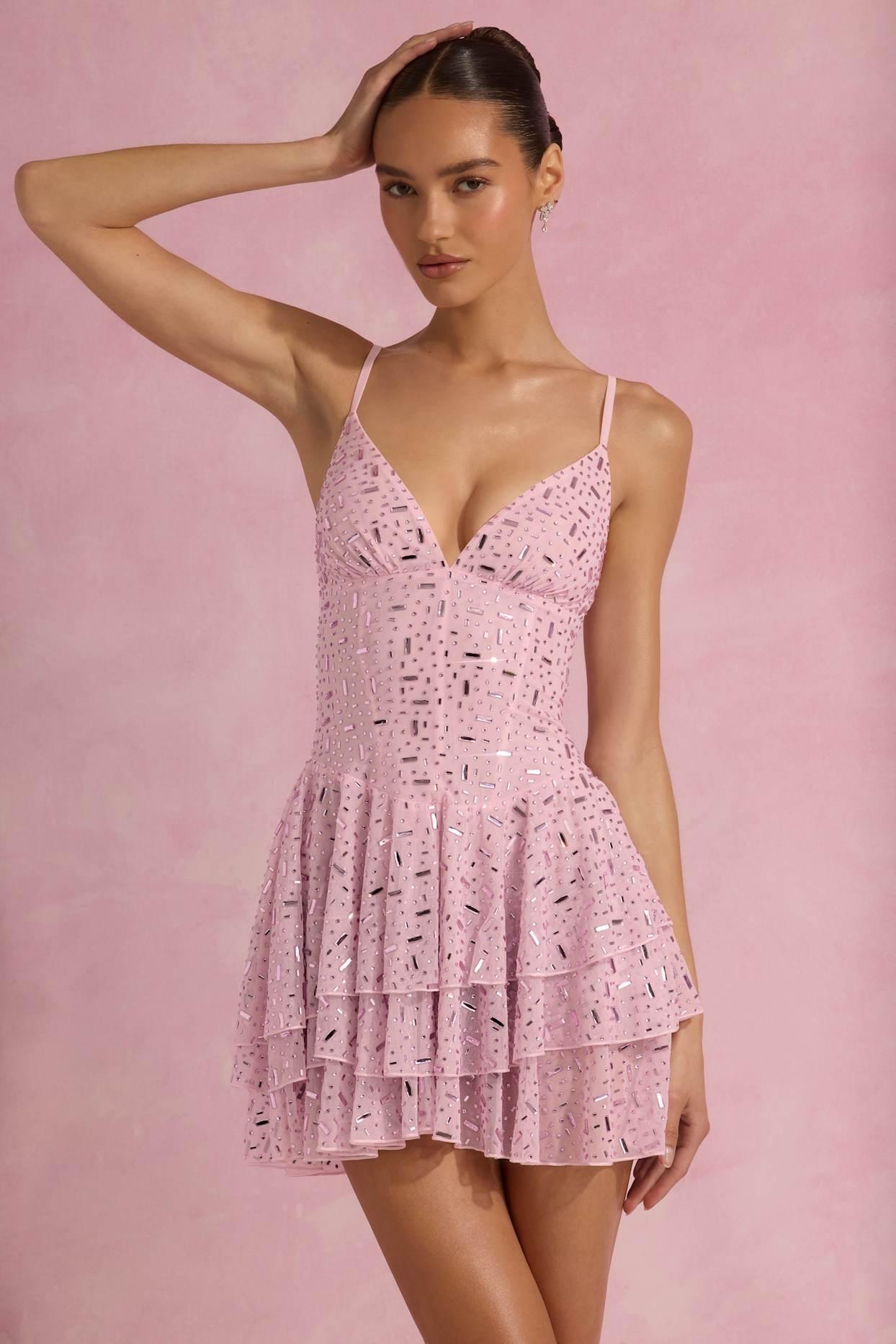 Embellished Ruffled Tiered Mini Dress in Pink Product Image