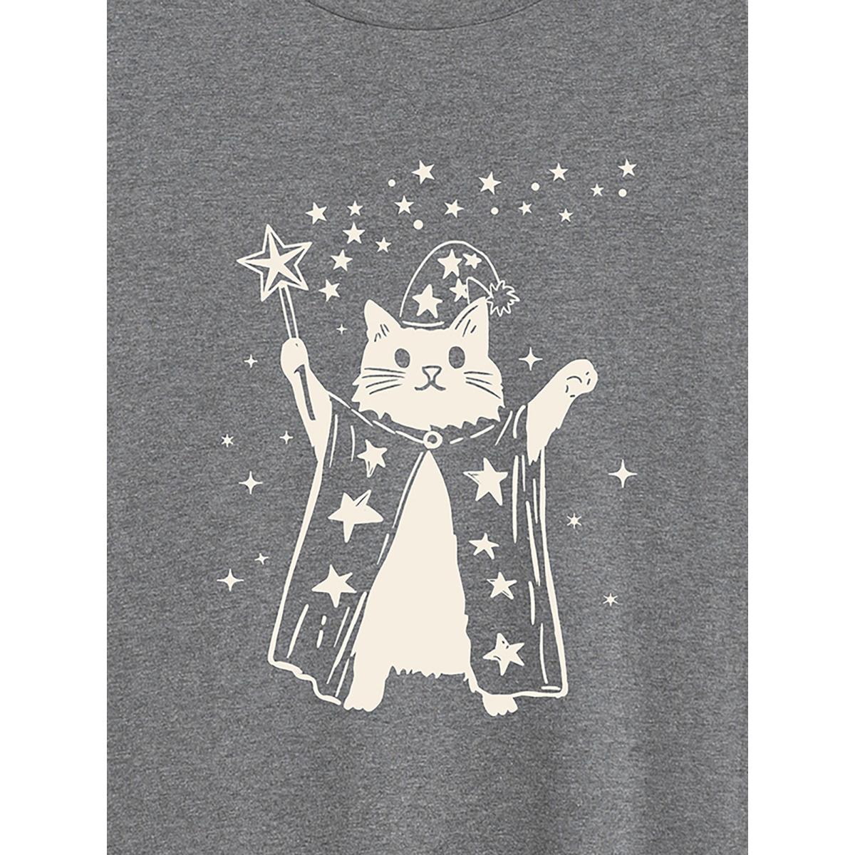 Plus Size Magical Cat Round Neck T-Shirt DarkGray Women Non Animals Round Neck Everyday-Casual T-shirts BloomChic 26/4X Product Image