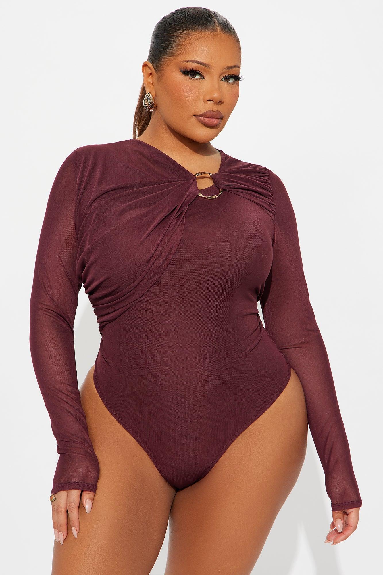 New Demand Ruched Mesh Bodysuit - Burgundy Female Product Image