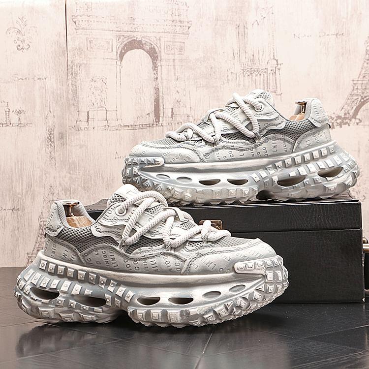 Platform Lettering Debossed Mesh Panel Lace-Up Sneakers Product Image