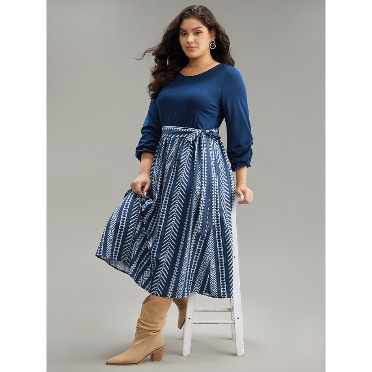 Plus Size Bandana Striped Patchwork Pocket Belted Dress Indigo Women Vacation Belted Round Neck Long Sleeve Curvy Midi Dress BloomChic 22-24/3X Product Image