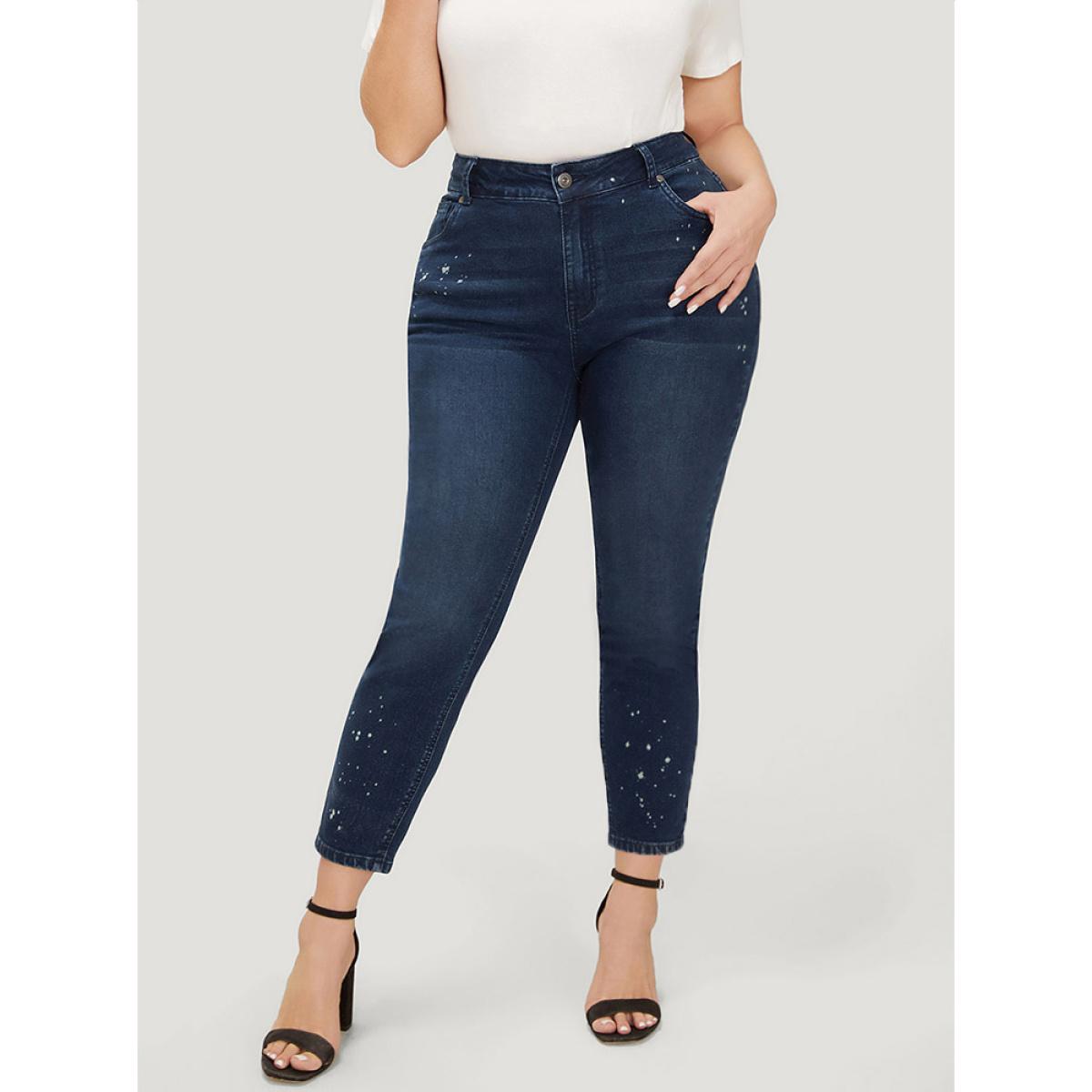 Plus Size Very Stretchy High Rise Dark Wash Paint Jeans Women DarkBlue Casual Plain High stretch Pocket Jeans BloomChic 24/3X Product Image