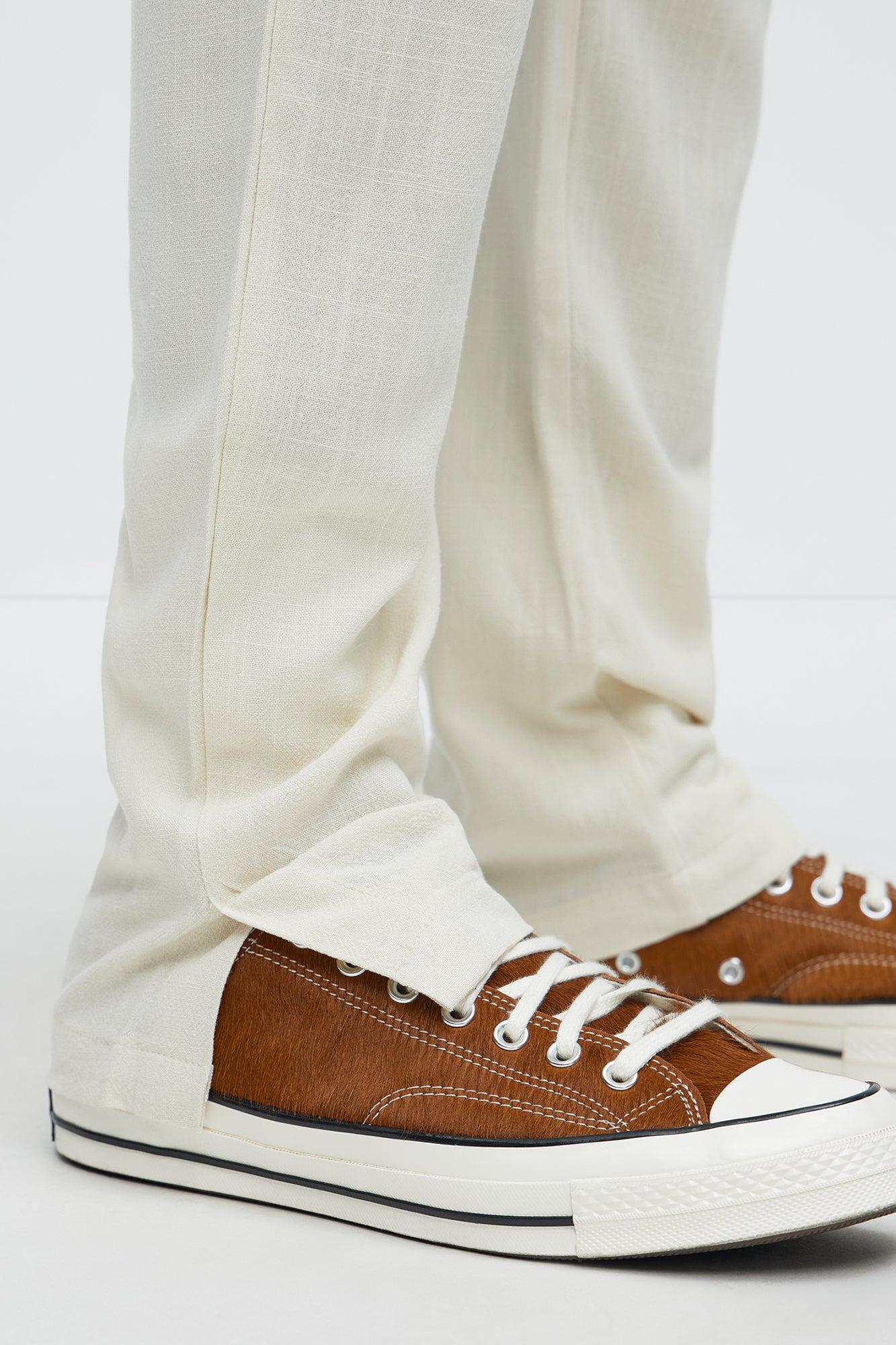 Solid Textured Linen Pull On Side Slit Pants - Cream Product Image