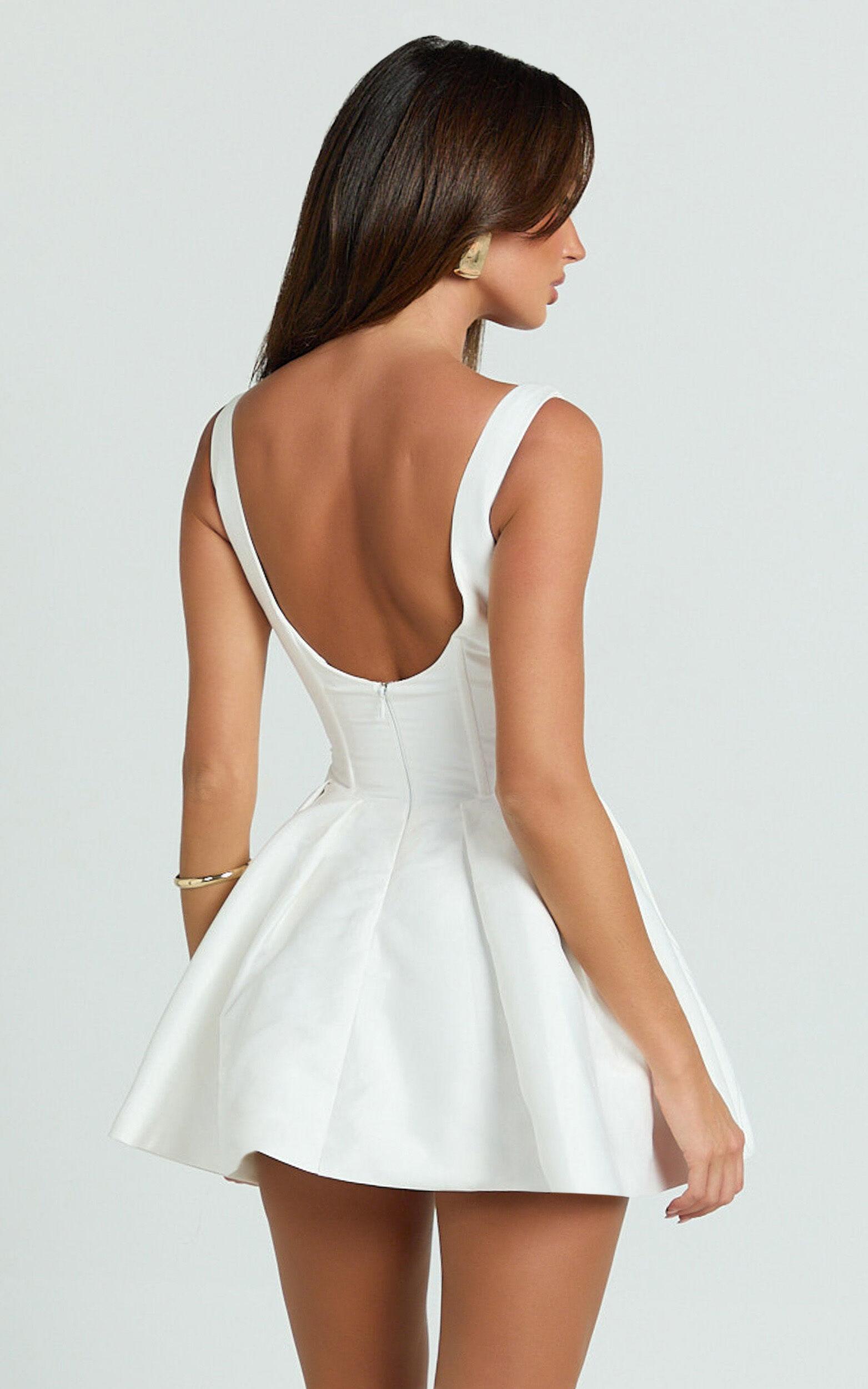 Yara Mini Dress - Plunge Corset Front V Waist Fit And Flare Dress in White Product Image