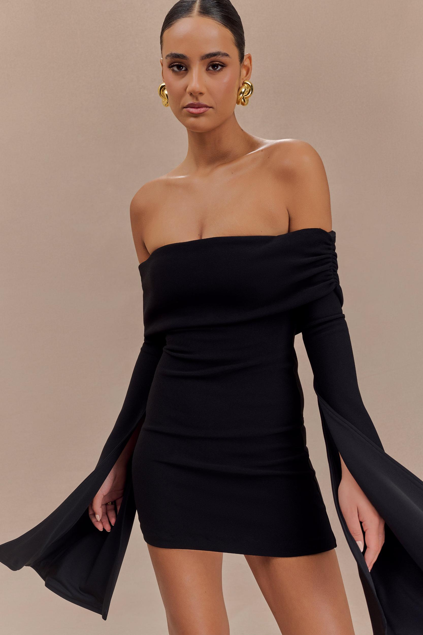 Dominique Off Shoulder Long Sleeve Mini Dress - Black Product Image
