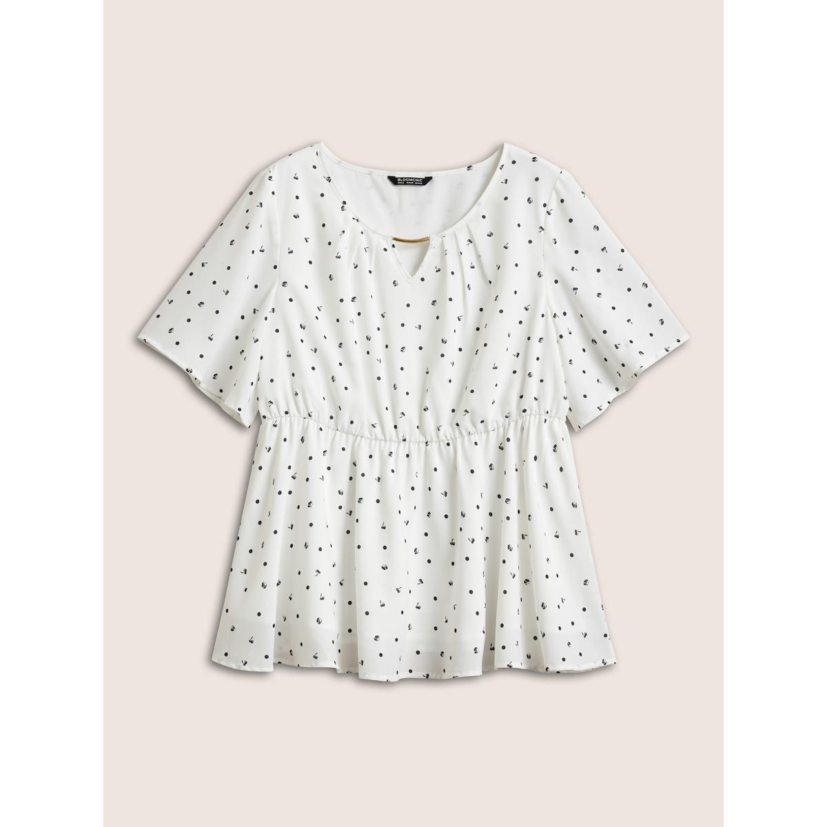 Plus Size White Keyhole Polka Dot Style Accents Ruffle Sleeve Blouse Women Elegant Short sleeve Round Neck Everyday Blouses BloomChic 10/M Product Image