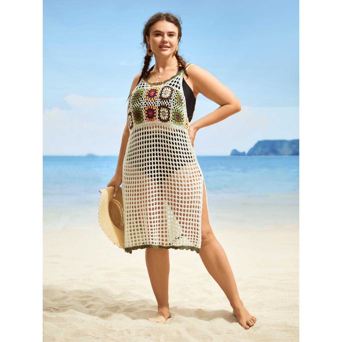 Plus Size Crochet Floral Texture Cut Out Swim Cover Up Women's Swimwear Beige Beach Crochet Curve Swim Cover Ups BloomChic 10/M Product Image