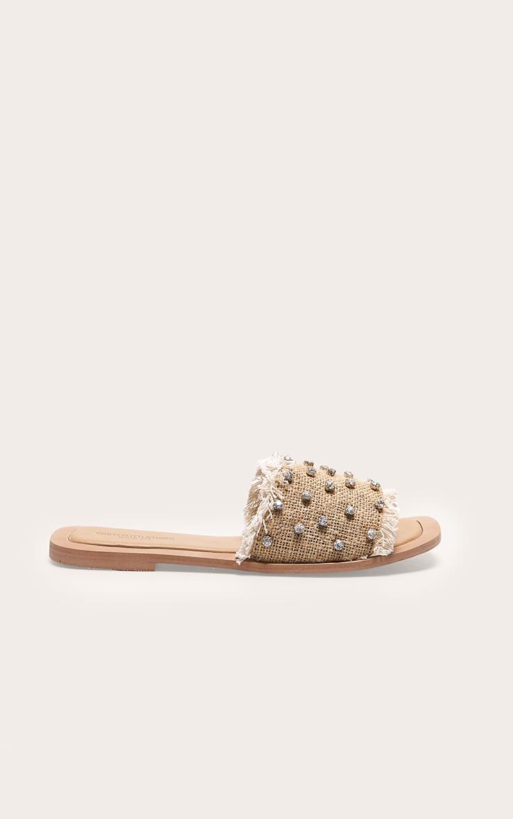 Cream Wide Fit Round Toe Raffia Fringed Diamante Woven Flat Mule Sandals Product Image