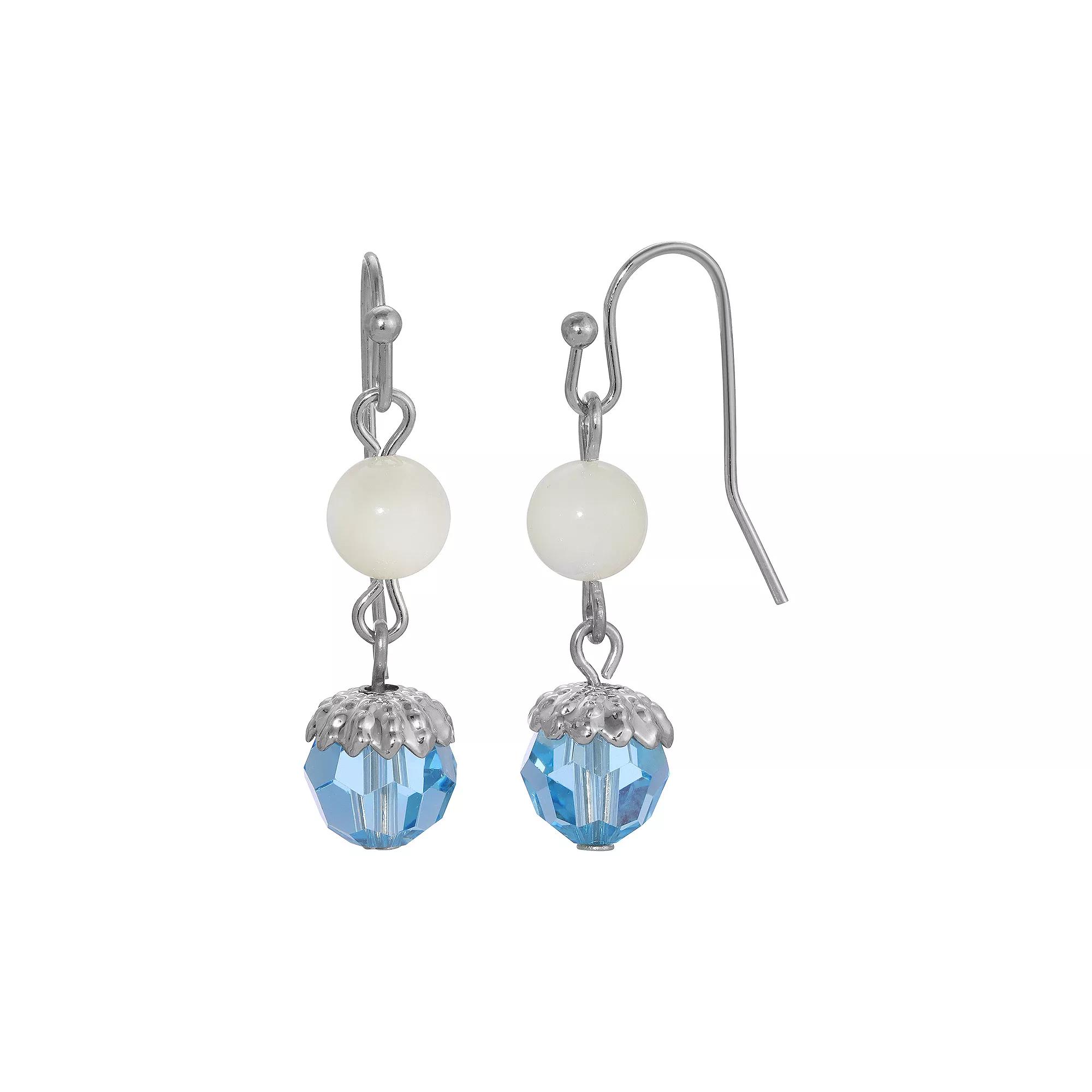 1928 Silver Tone Simulated Mother Of Pearl With Aqua Bead Drop Earrings, Womens, White Product Image