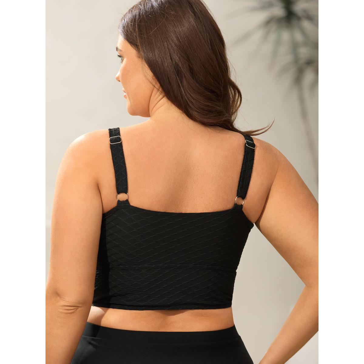 Plus Size Textured Fitted Adjustable Swim Top Women's Swimwear Black Resort Texture High stretch Skinny U-neck Curve Swim Tops BloomChic 30/6X Product Image