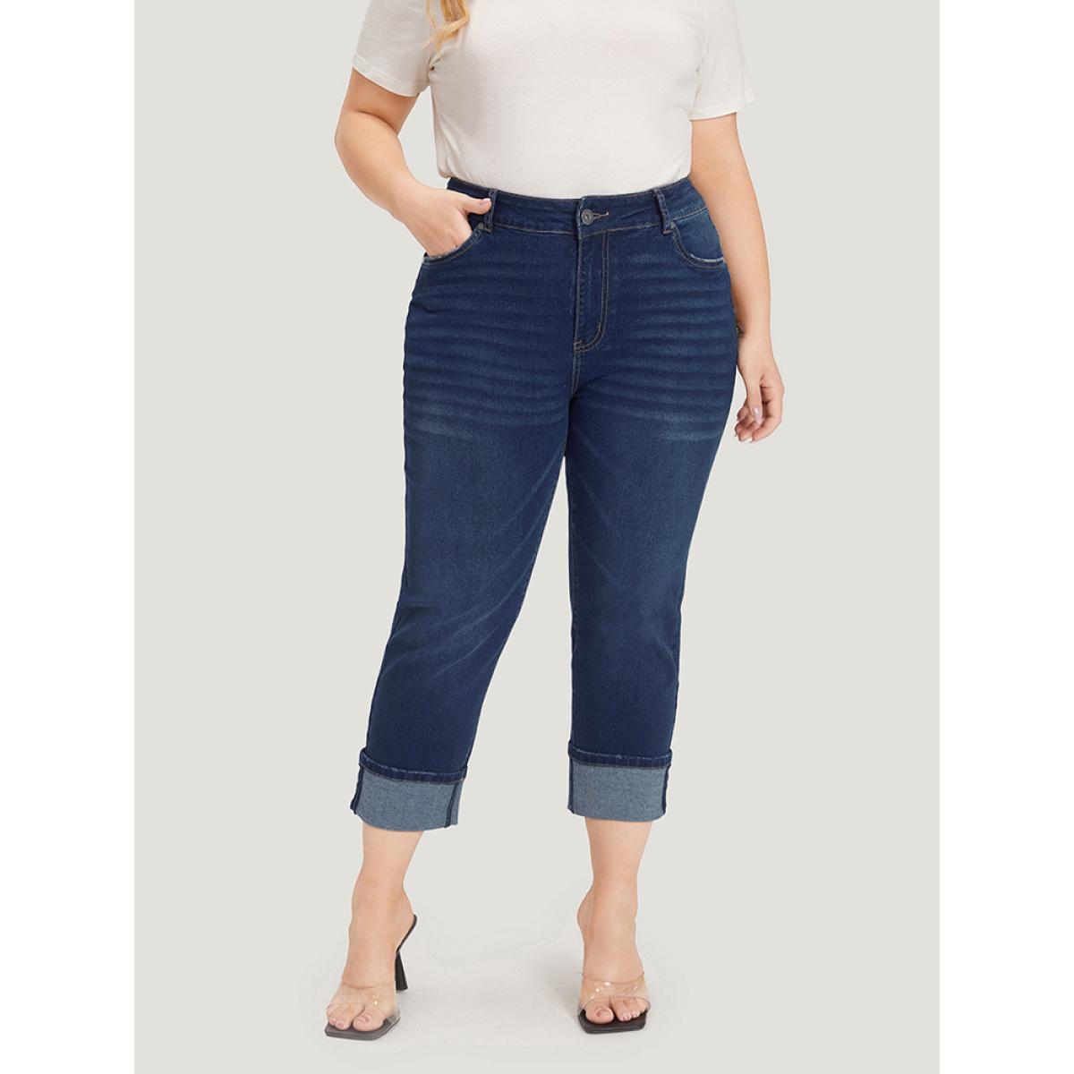Plus Size Roll Hem High Rise Pocket Very Stretchy Jeans Women DarkBlue Casual Plain Plain High stretch Pocket Jeans BloomChic 30/6X Product Image