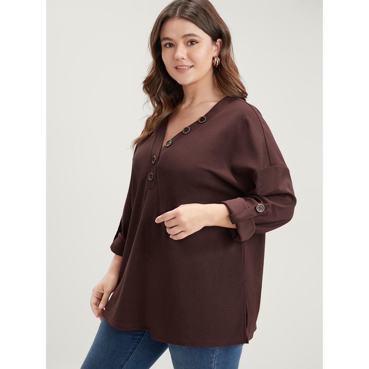 Plus Size Solid Cuffed Sleeve Split Hem Long Tee Burgundy Women Casual Button Plain V-neck Office T-shirts BloomChic 14-16/1X Product Image