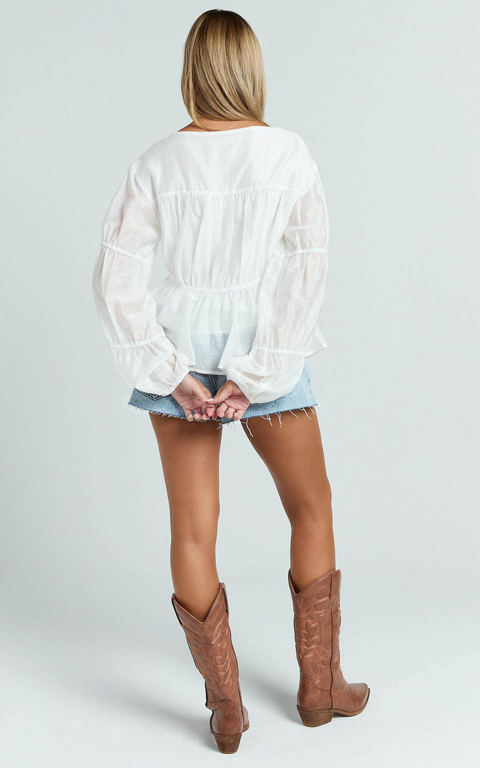 Malou Top - Shirred Long Sleeve Top in White Product Image
