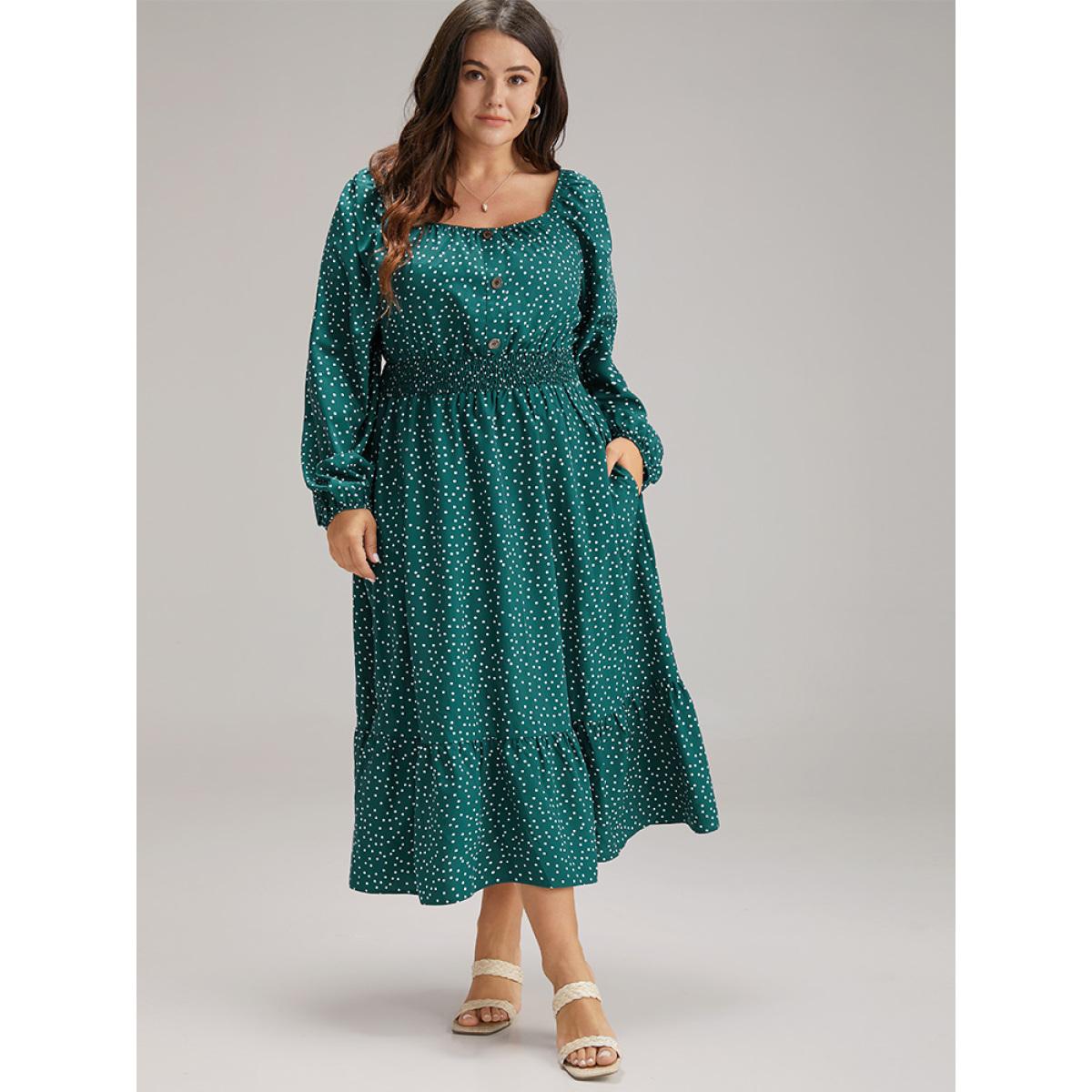 Plus Size Polka Dot Square Neck Shirred Button Detail Dress Teal Women Elegant Elastic cuffs Square Neck Long Sleeve Curvy Midi Dress BloomChic 30/6X Product Image
