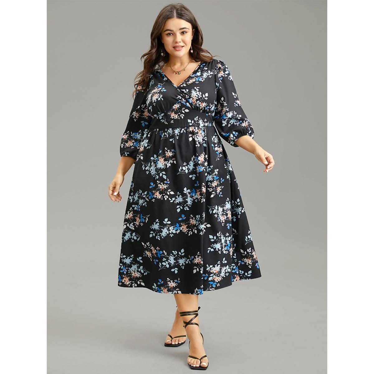 Plus Size Floral Wrap Gathered Lantern Sleeve Dress Multicolor Women Vacation Elastic cuffs Overlap Collar Elbow-length sleeve Curvy Midi Dress BloomChic 22-24/3X Product Image