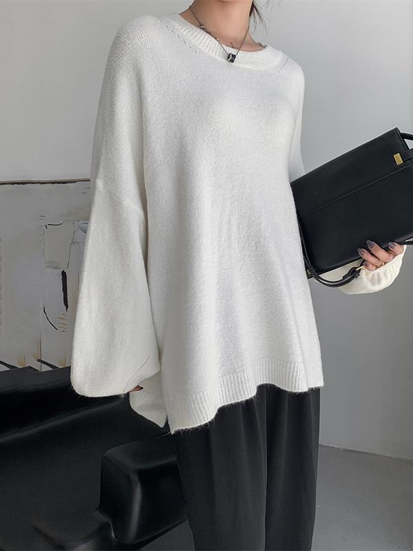Stretch Mohair-Blend Balloon Sleeves Loose Solid Round-Neck Sweater Tops Product Image