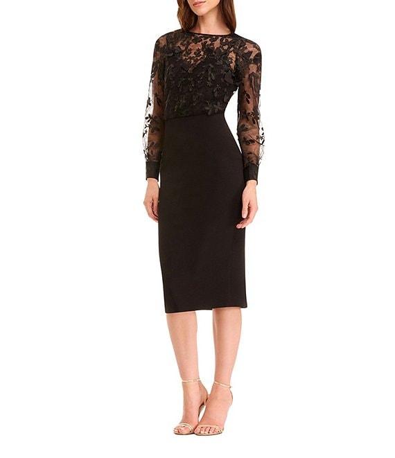 Dress the Population Illusion Long Sleeve Mesh Applique Midi Dress Product Image