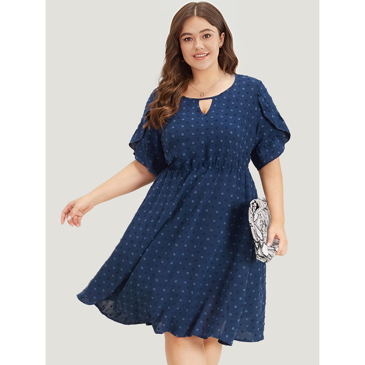 Plus Size Polka Dot Pocket Cut Out Petal Sleeve Dress DarkBlue Women Office Plain Round Neck Short sleeve Curvy Midi Dress BloomChic 12/L Product Image