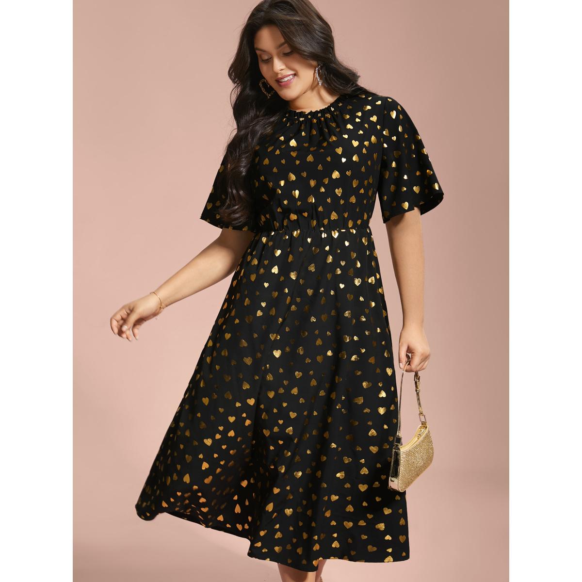 Plus Size Glitter Heart Print Stretchy Waist Dress BlackFlower Women Cocktail Texture Party Curvy Bloomchic 10/M Product Image