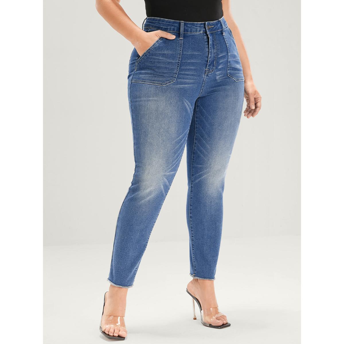 Plus Size Straight Very Stretchy Mid Rise Medium Wash Jeans Women Blue Casual Plain Pocket High stretch Pocket Jeans BloomChic 16/1X Product Image