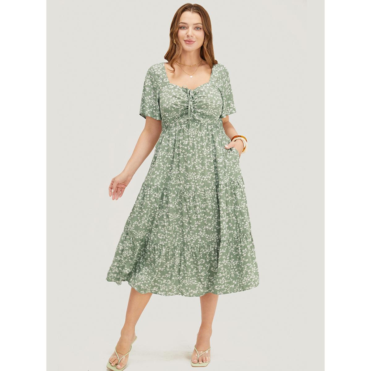 Plus Size Ditsy Floral Sweetheart Drawstring Pocket Tiered Dress Sage Women Timeless Non V-neck Short sleeve Curvy Midi Dress BloomChic 10/M Product Image