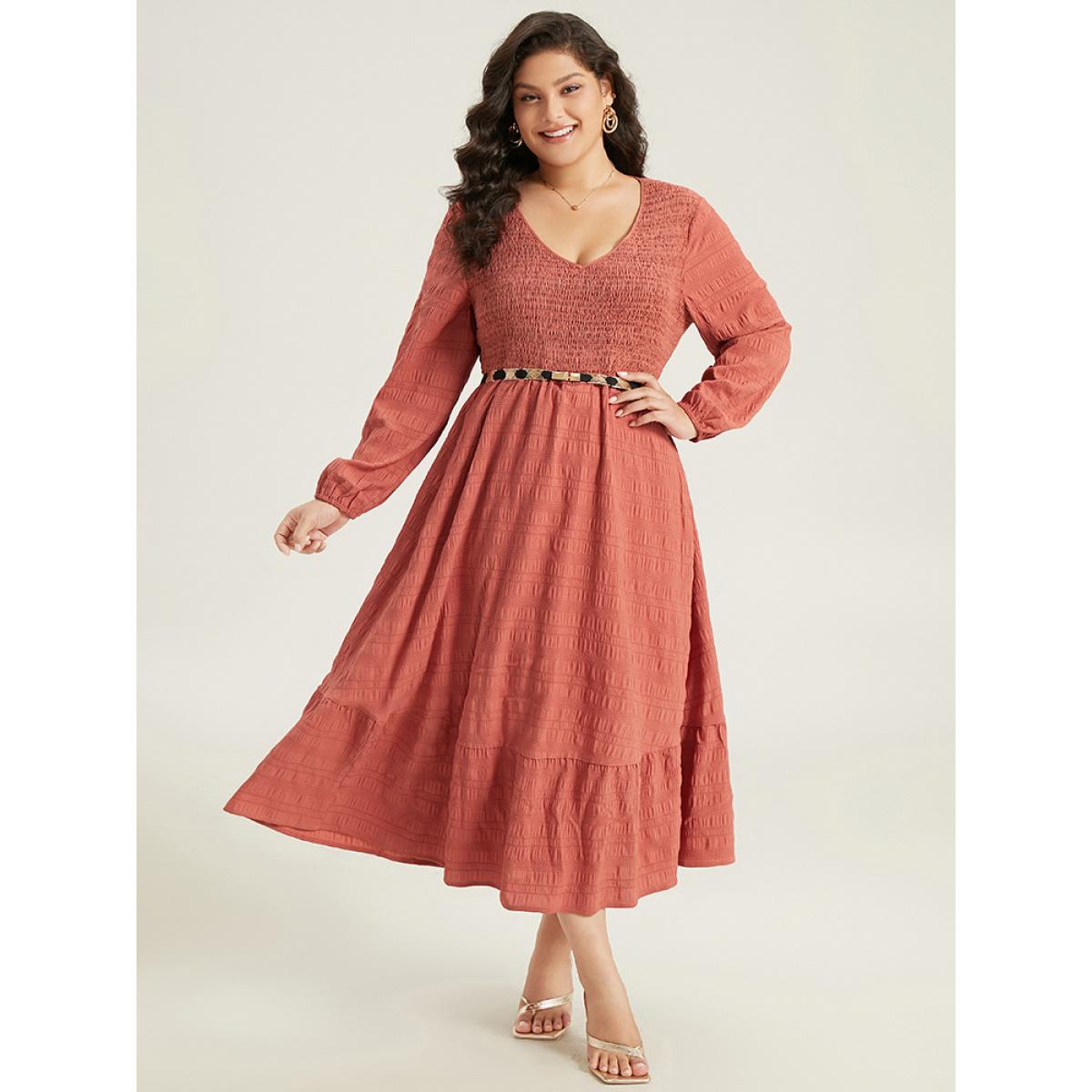 Plus Size Solid Shirred Plisse Flutter Hem Dress Chocolate Women Elegant Elastic cuffs V-neck Long Sleeve Curvy Midi Dress BloomChic 22-24/3X Product Image