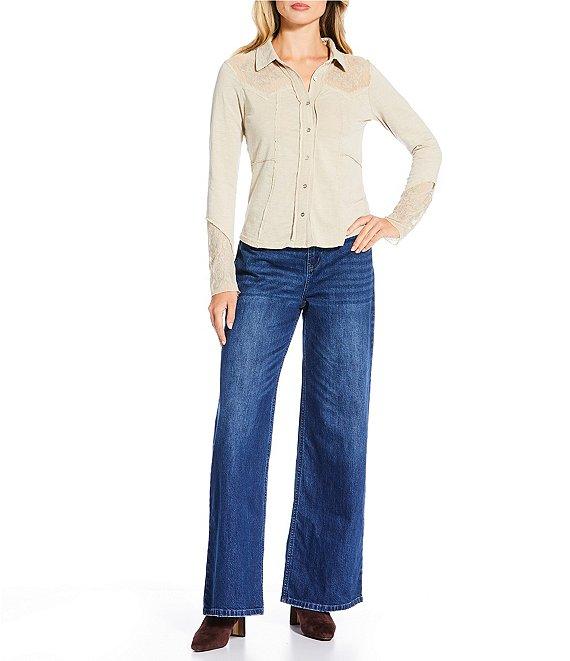 Reba Anissa Point Collar Long Sleeve Embroidered Button Front Top Product Image