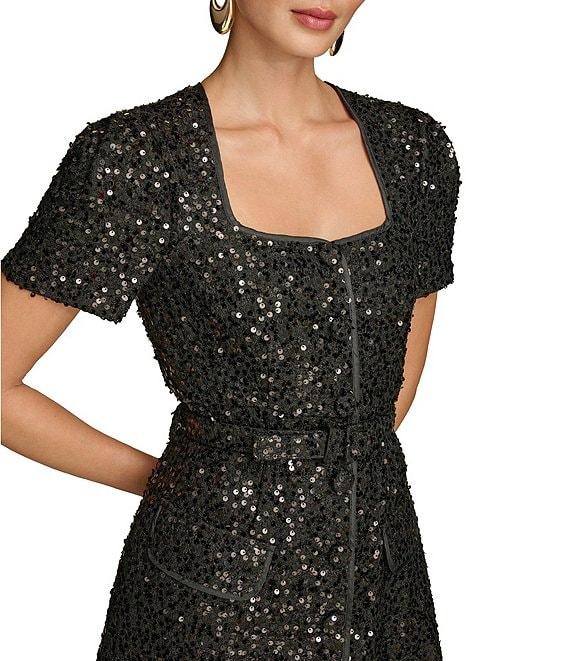 Donna Karan Sequin Tweed Square Neck Short Sleeve Belted Sheath Dress Product Image