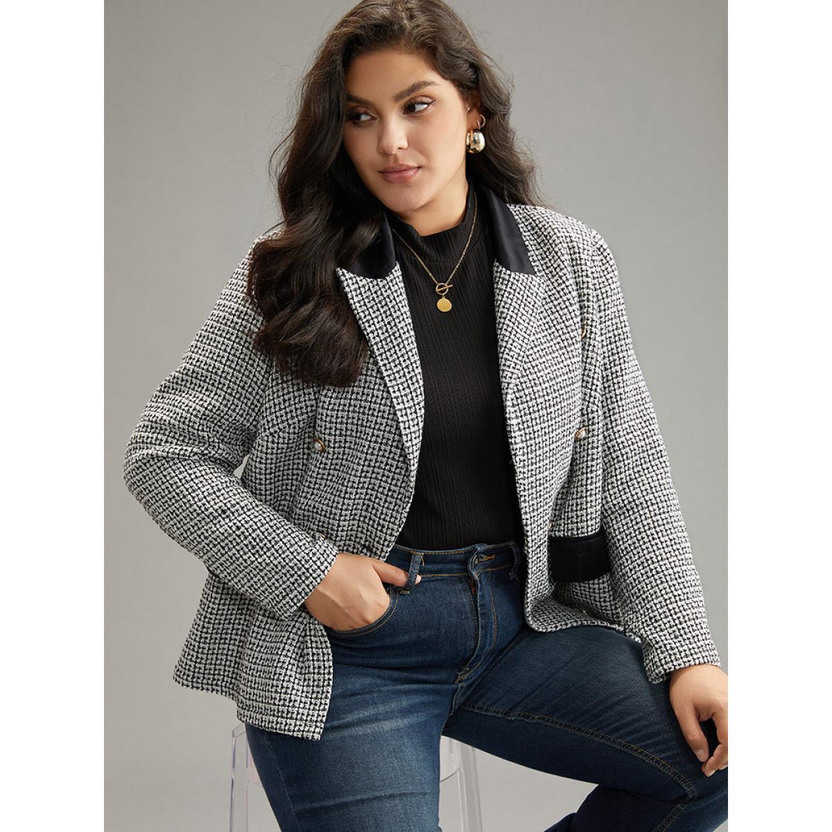 Plus Size Houndstooth Lapel Collar Button Detail Blazer Black Women Work Houndstooth Contrast Sleeve Long Sleeve Lapel Collar 18-20/2X At the Office Blazers BloomChic Product Image