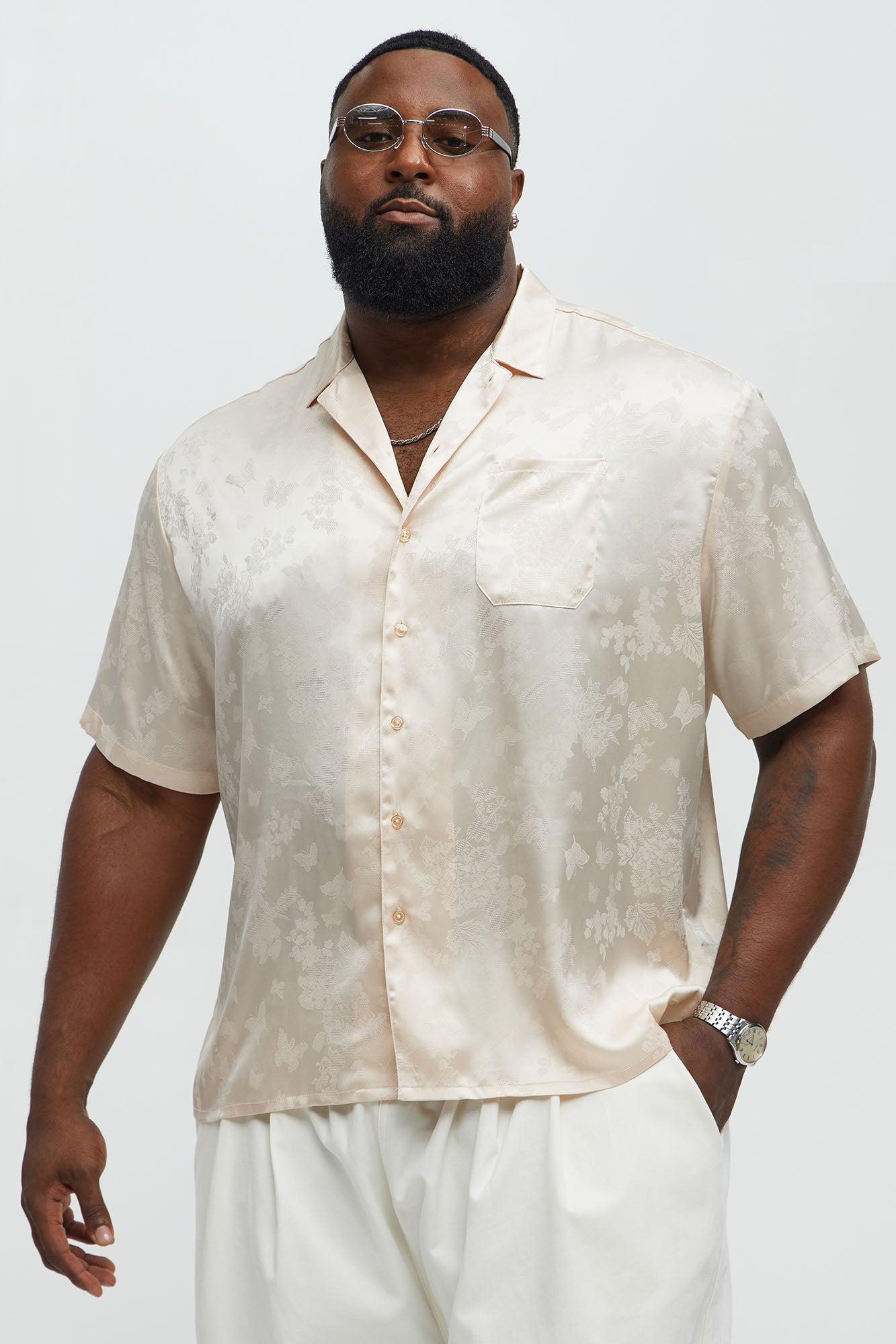 Satin Butterflies Short Sleeve Button Up Shirt - Ivory Male Product Image