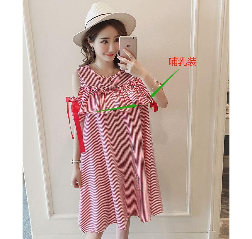 Maternity Short-Sleeve Round Neck Cold Shoulder Striped A-Line Dress Product Image