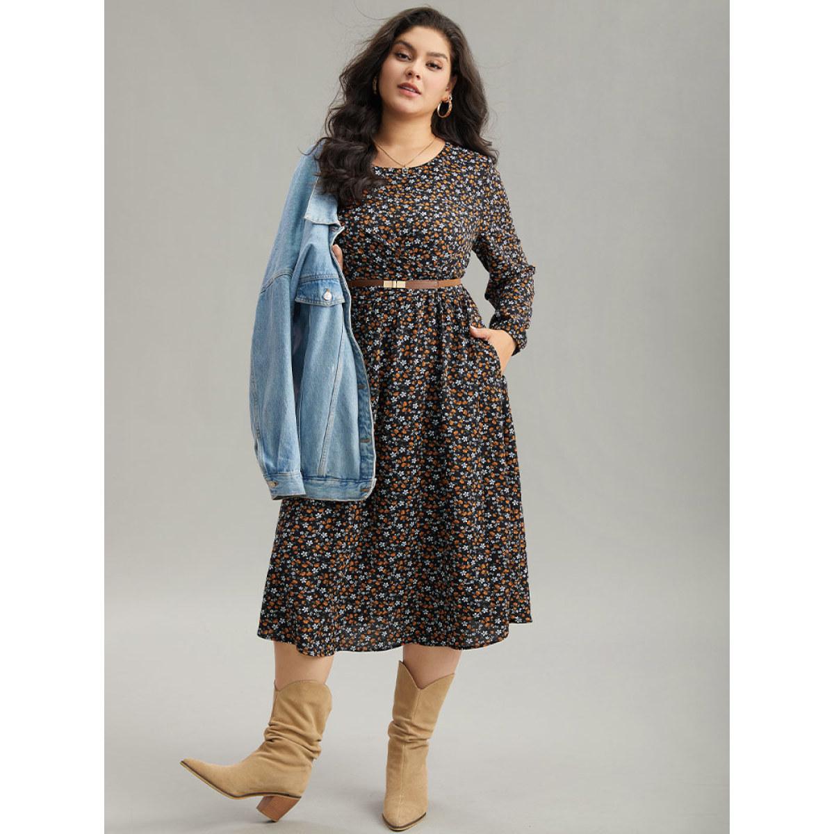 Plus Size Ditsy Floral Pocket Lantern Sleeve Knee Dress Black Women Elegant Elastic cuffs Round Neck Long Sleeve Curvy Midi Dress BloomChic 14-16/1X Product Image