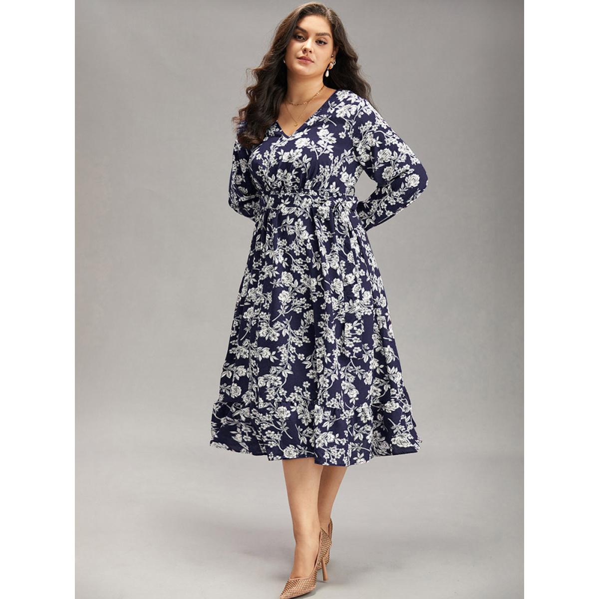 Plus Size Floral Print Elastic Cuffs Ruffle Hem Dress DarkBlue Women Elegant Elastic cuffs V-neck Long Sleeve Curvy Midi Dress BloomChic 10/M Product Image