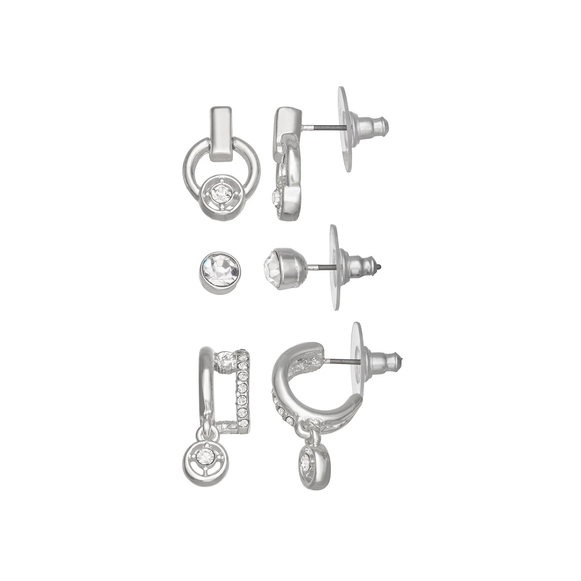Nine West Silver Tone & Crystal 3-Pair Stud Earring Set, Women's Product Image