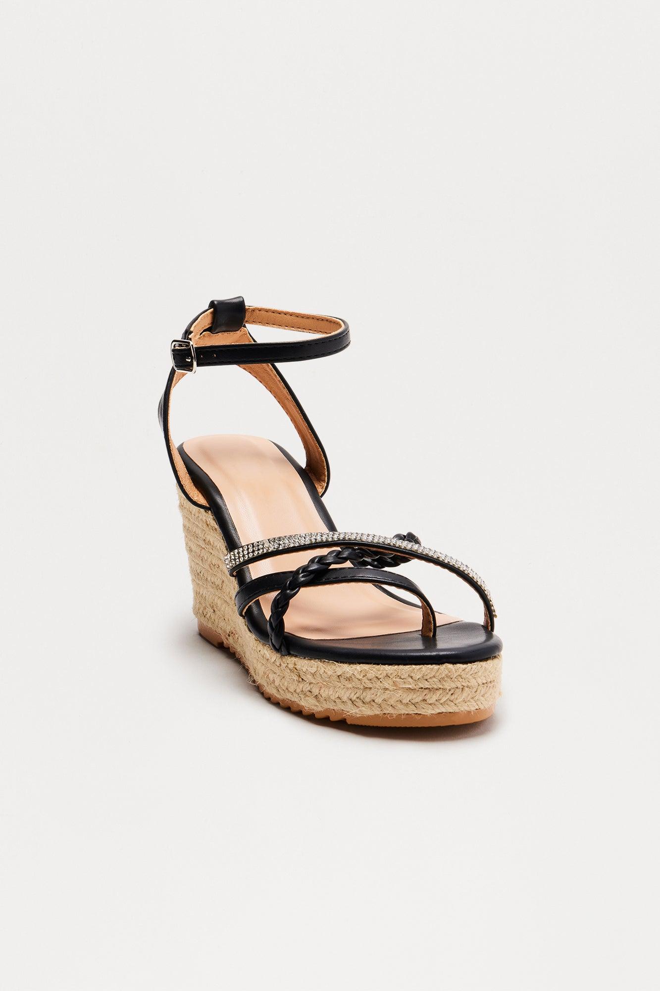 Shauny Rhinestone Trim Jute Wedges - Black Female Product Image
