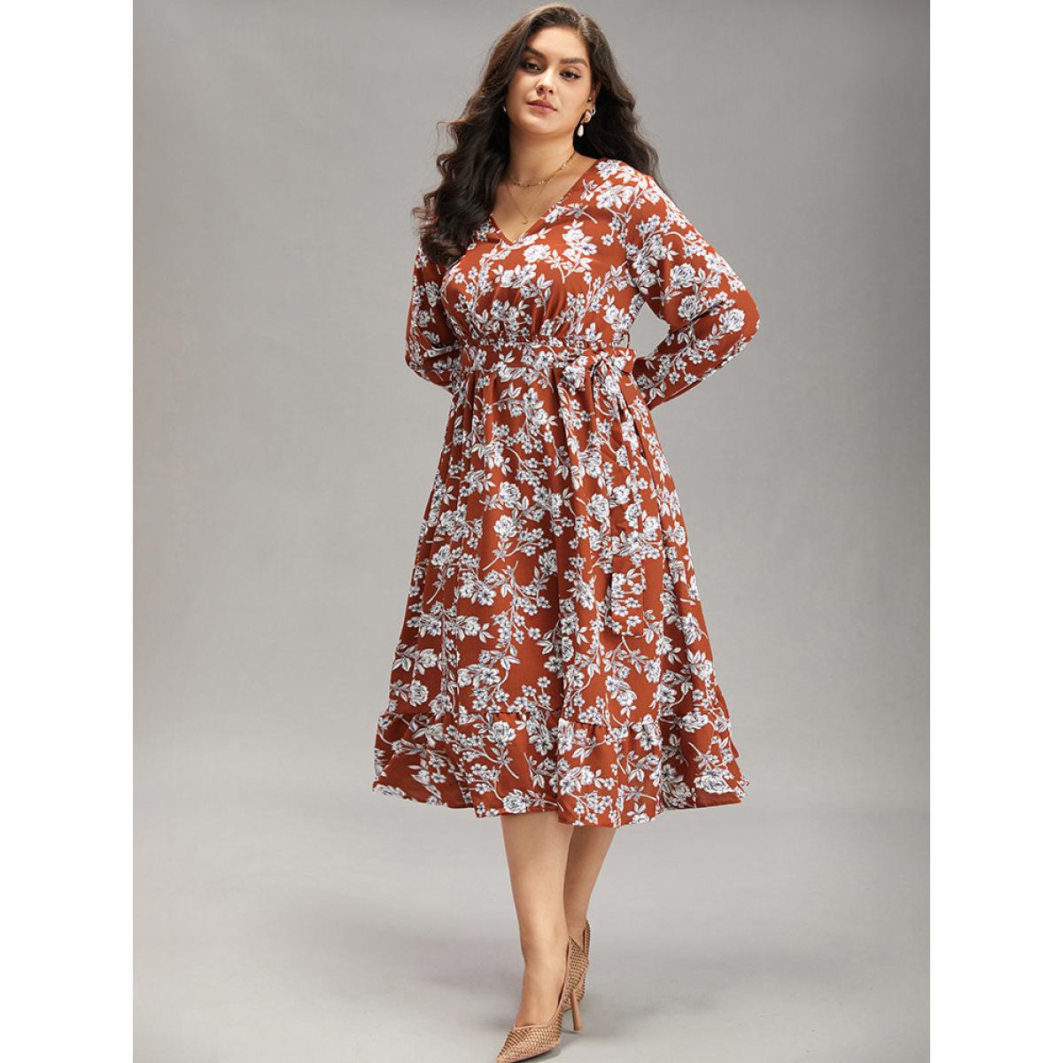 Plus Size Floral Print Elastic Cuffs Ruffle Hem Dress Rust Women Elegant Elastic cuffs V-neck Long Sleeve Curvy Midi Dress BloomChic 14-16/1X Product Image