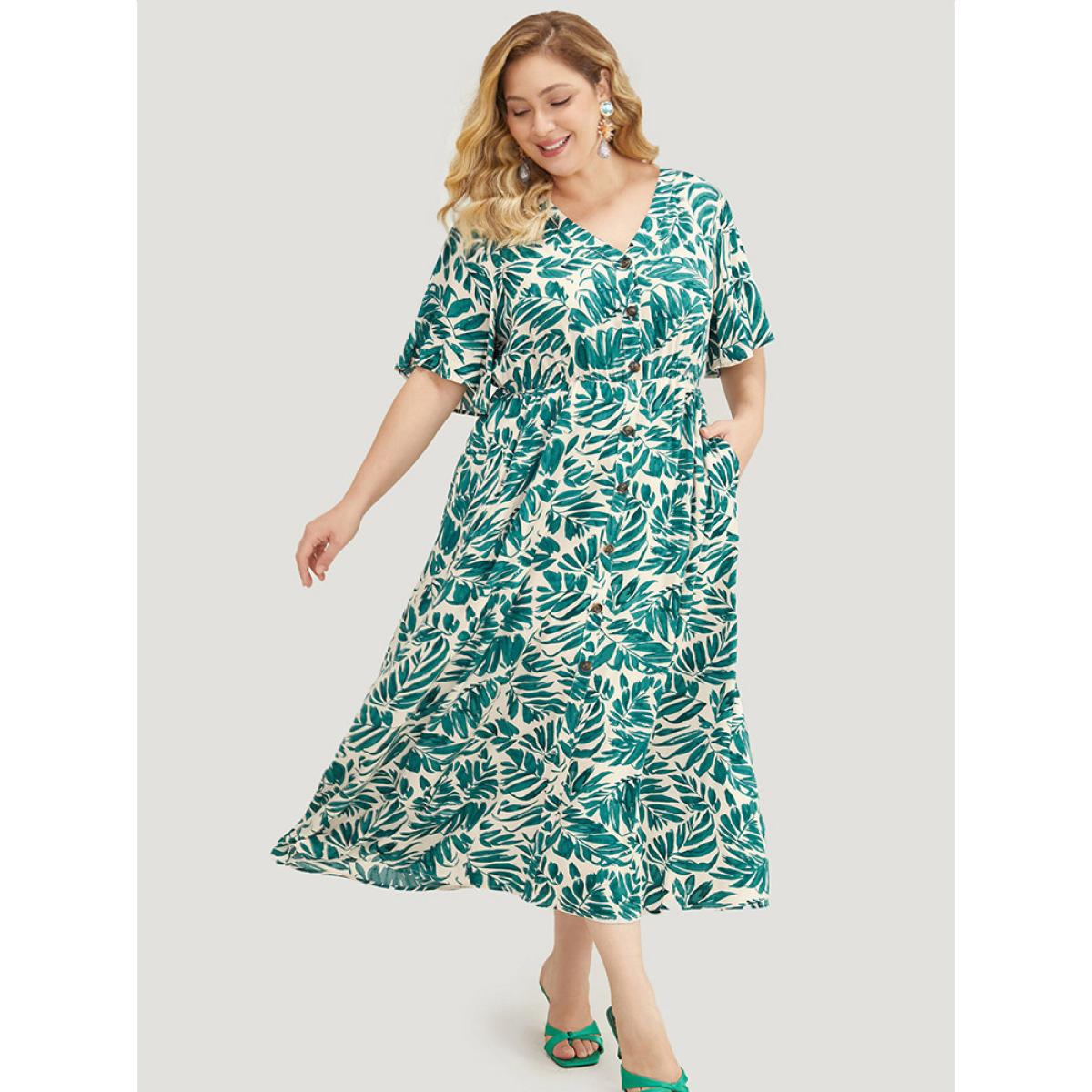 Plus Size Plant Print Flutter Sleeve Button Detail Pocket Dress Green Women Vacation Elastic Waist V-neck Short sleeve Curvy Midi Dress BloomChic 12/L Product Image