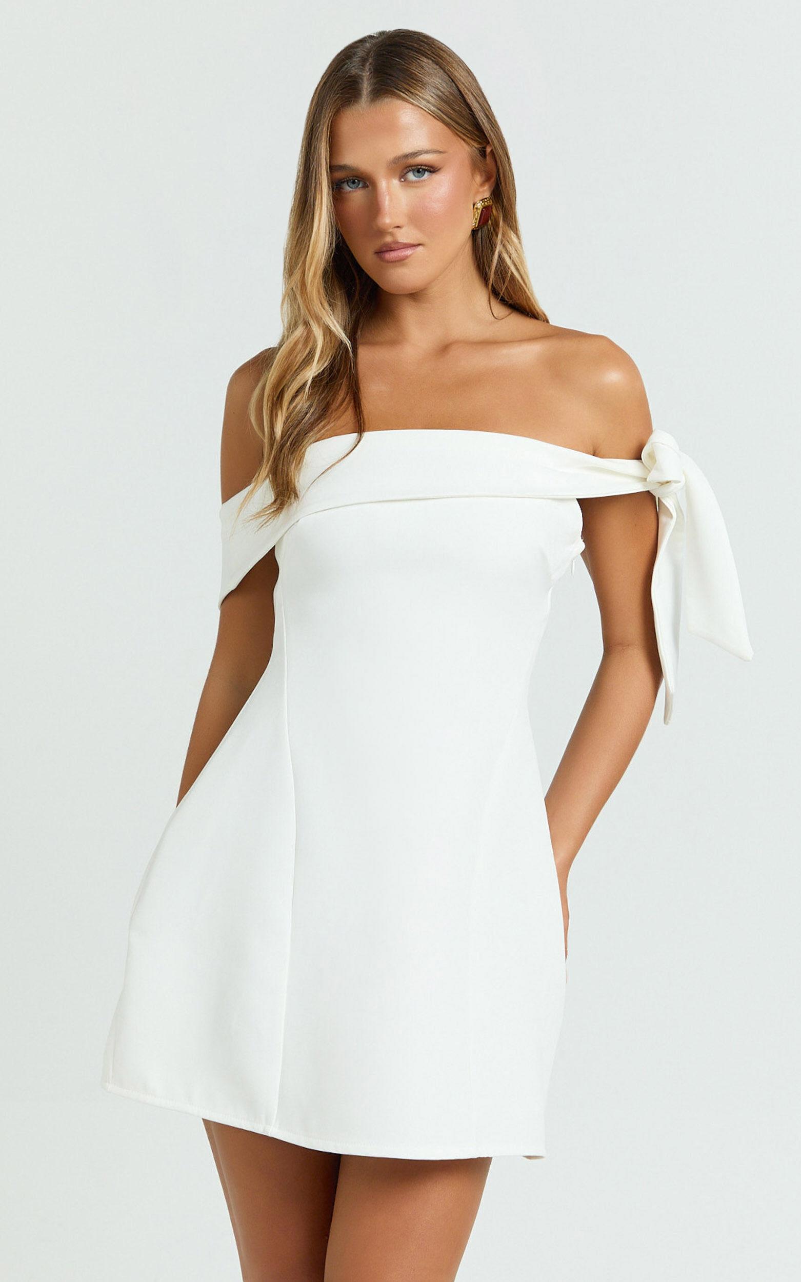 Cecilia Mini Dress - Off Shoulder Tie Detail Dress in White Product Image