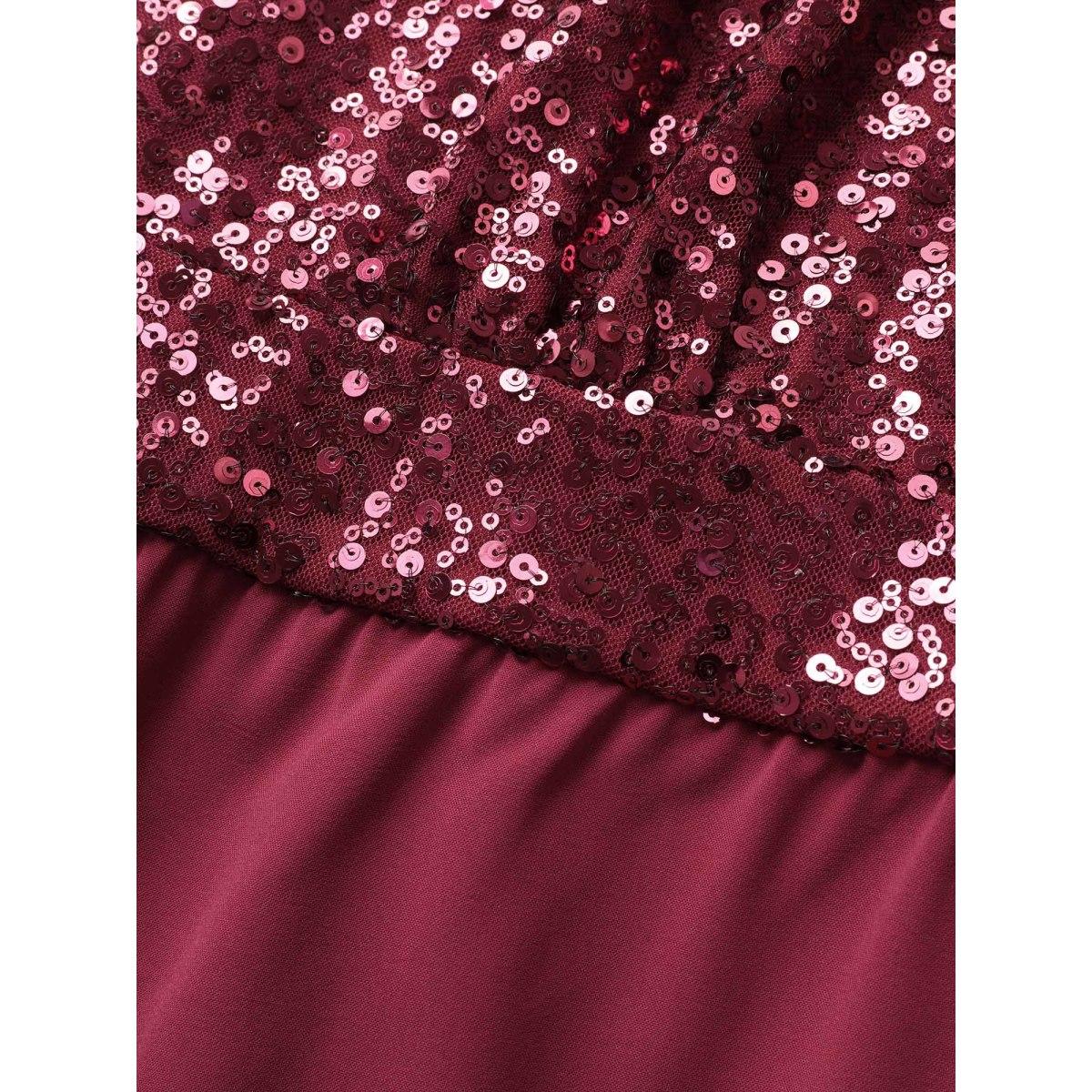 Plus Size Burgundy Sequin Patchwork Mock Neck Sleeveless Jumpsuit Women Cocktail Sleeveless Mock Neck Party Loose Jumpsuits BloomChic 26/4X Product Image