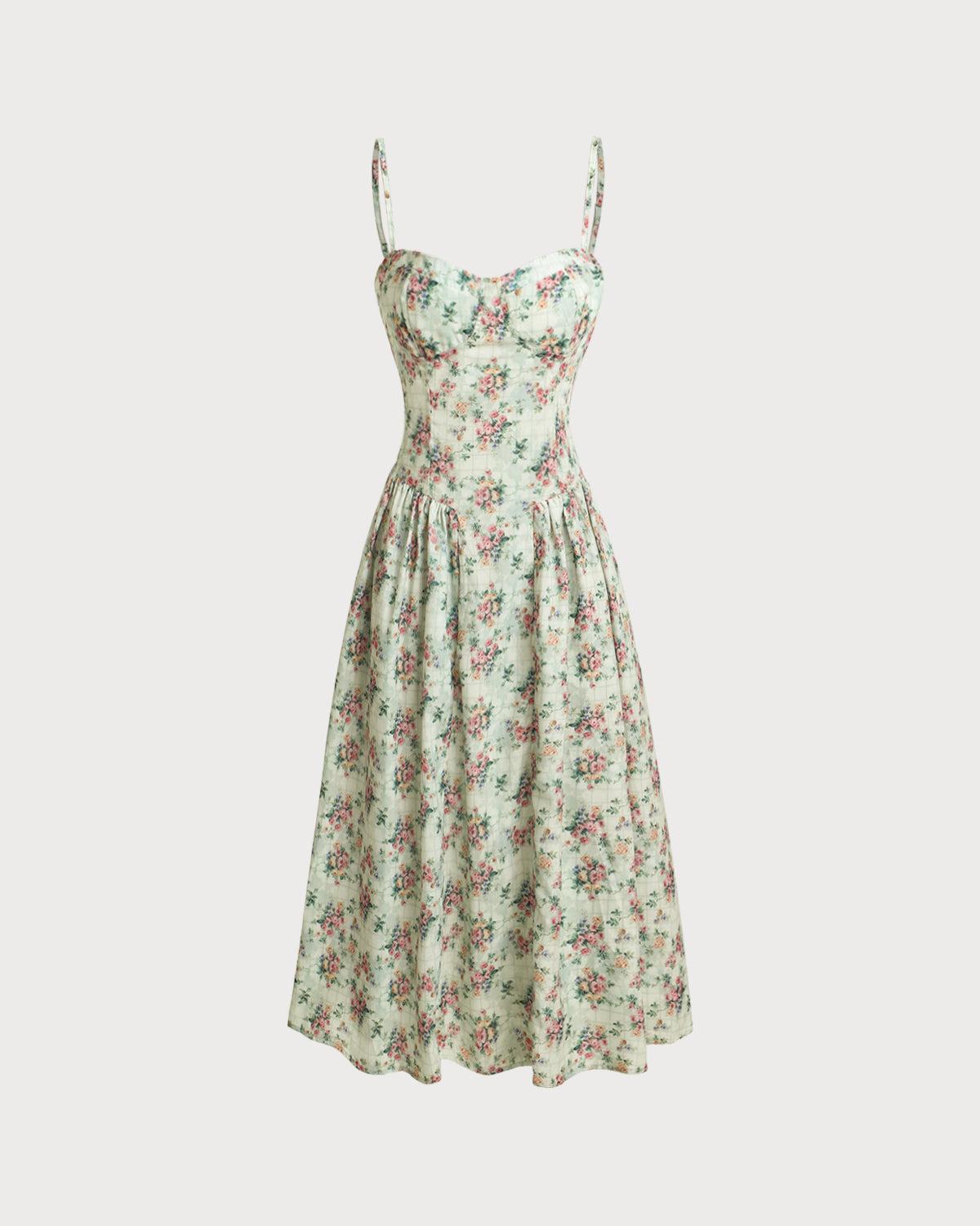 Green Floral Sweetheart Neck Pleated Slip Midi Dress Product Image